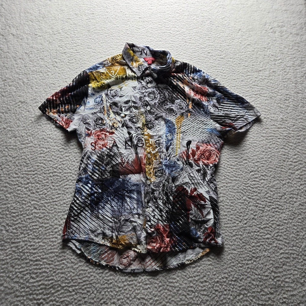 GUESS Shirt Mens Medium Multicolor Graphic Short Sleeve Button Up Casual
